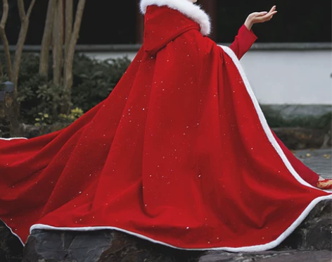 红色斗篷汉服女中国风长款毛领加绒加厚披风古...