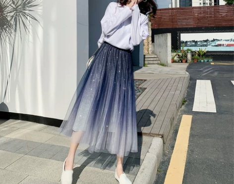 中长款半身裙女显瘦网纱渐变色星空裙超仙大摆...