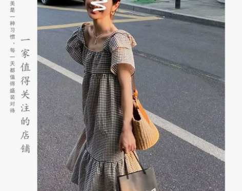韩系复古黑白格子方领连衣裙女夏季胖MM别致...