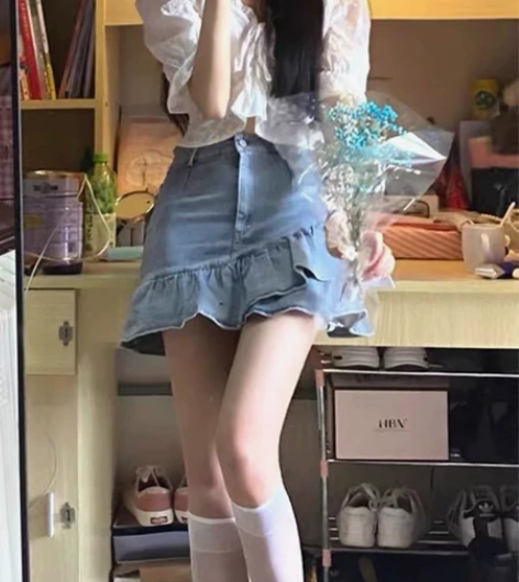 辣妹荷叶边牛仔半身裙女2022年夏季新款高...
