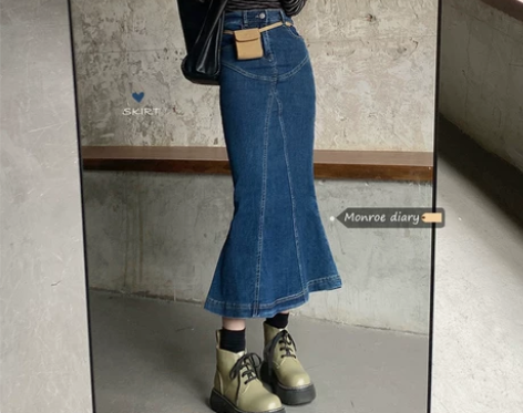 ?复古牛仔半身裙女春秋季中长款鱼尾裙202...