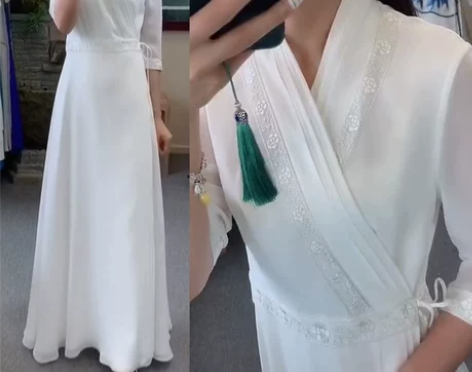 汉服连衣裙年轻款很仙的白茶服女禅意文艺修身...