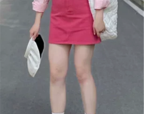 日系减龄女团夏玫红色短裙女牛仔半身裙百搭甜...