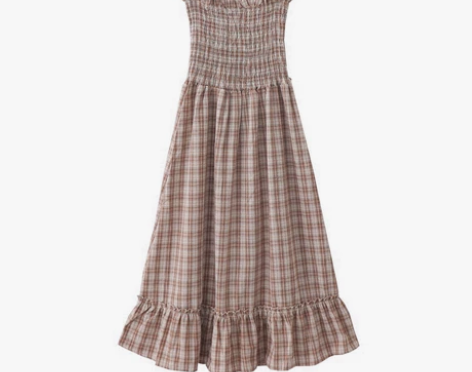 自制~夏装新款软妹港风格子连衣裙木耳边高腰...