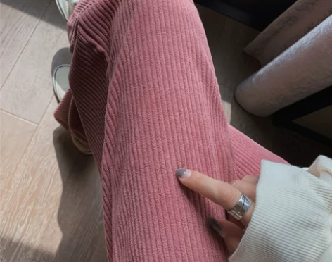 粉色灯芯绒裤子女春秋直筒休闲拖地高腰垂感小...