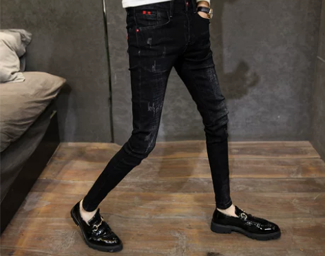 艾堡尼休闲黑色牛仔裤男小脚裤修身韩版时尚青...