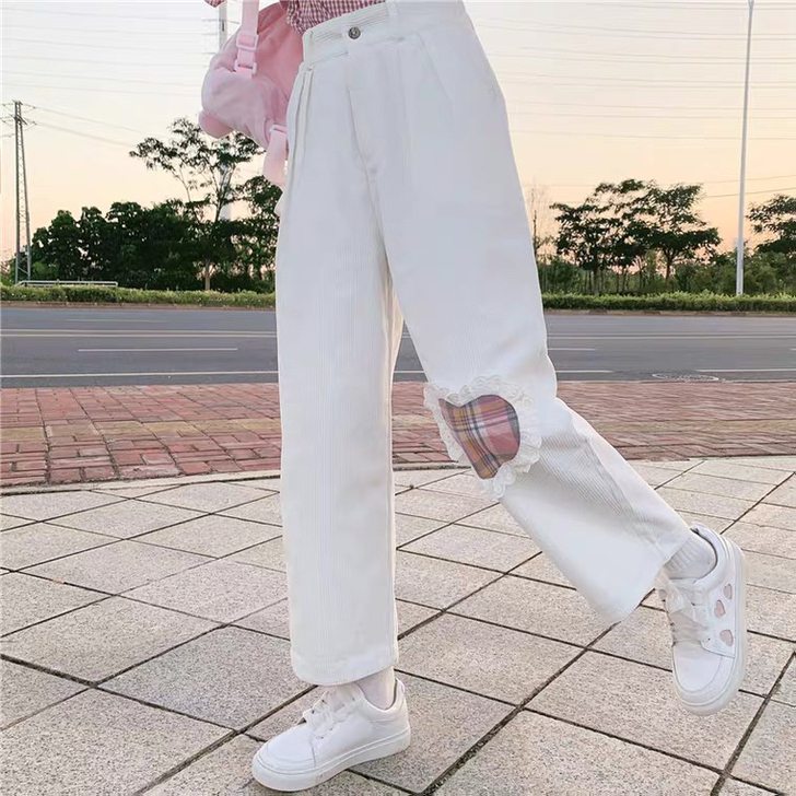 日系软妹可爱宽松加绒加厚灯芯绒阔腿裤