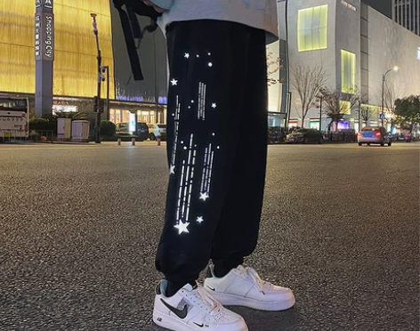 春秋款ins潮流束脚卫裤男韩版宽松帅气反光...