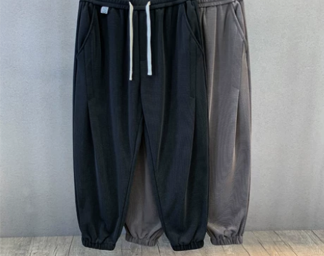 高端华夫格垂感潮牌运动裤男士夏季薄款九分休...