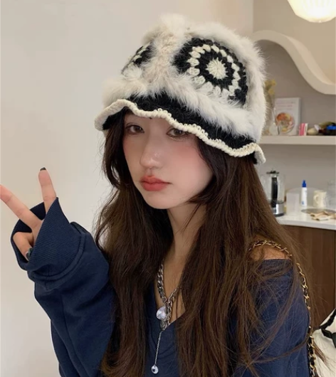 毛毛帽子兔毛皮草虎头毛绒帽保暖手工针织帽女...