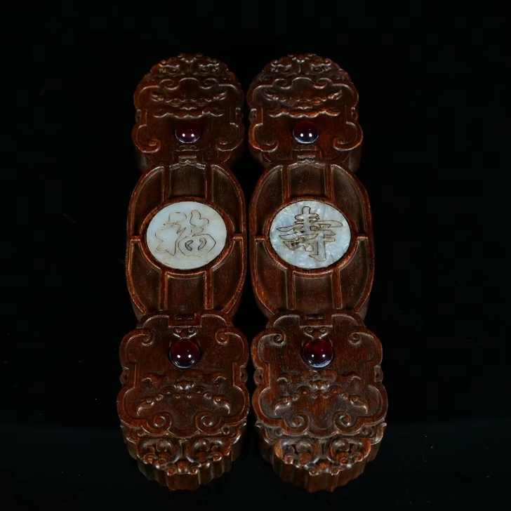 红木镇尺镶嵌贝壳福寿如意文房四宝木雕木器古...