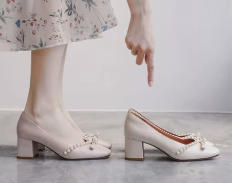 法式粗跟方头蝴蝶结珍珠浅口晚晚风温柔单鞋春...