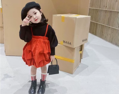 女童春秋灯芯绒棉布内衬洋气吊带花苞裙南瓜裙...