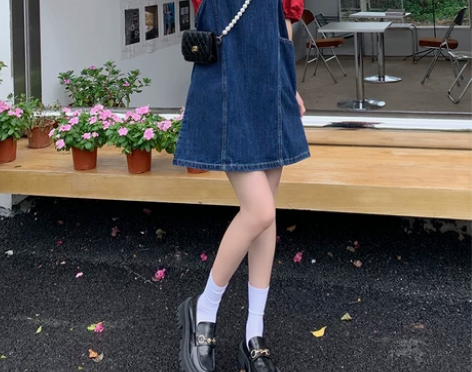韩版学院风减龄牛仔裙背带裙连衣裙女春季小个...