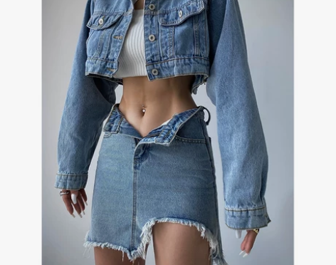 井也 欧美风短款牛仔外套女2022春季新款...