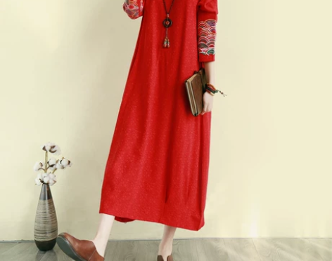 2019秋冬新款文艺复古民族风刺绣棉麻女裙...