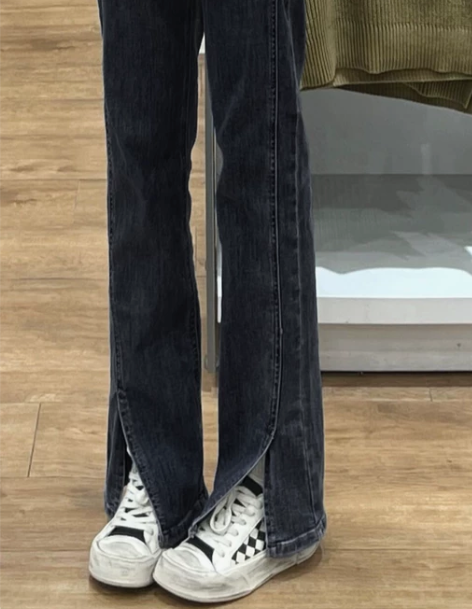 长裤裤子黑灰色开叉牛仔裤女夏设计感小众高腰...