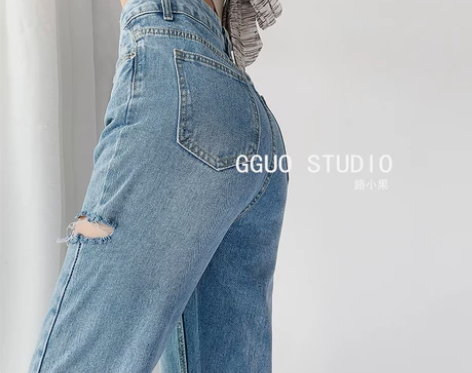 美式开叉牛仔裤女潮ins高腰显瘦直筒宽松拖...