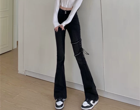 加绒加厚绑带牛仔裤女秋冬季新款高腰直筒裤微...