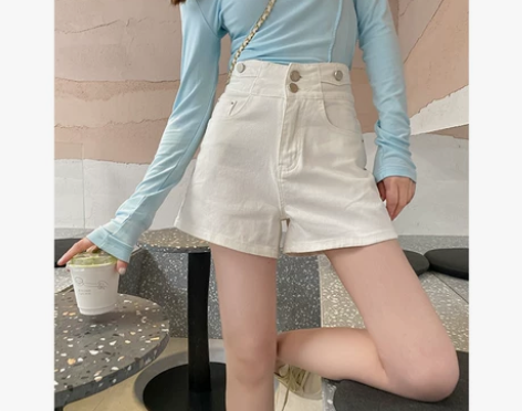 a字版白色高腰牛仔短裤夏新宽松显瘦阔腿。特...