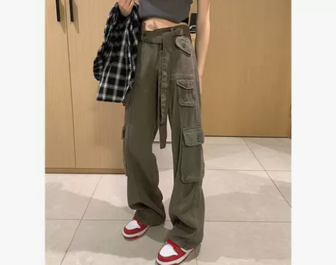 灰色工装裤女夏季新款美式复古宽松小众百搭高...
