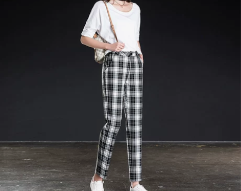 山姑黑白格子哈伦裤女宽松2019春秋新款高...
