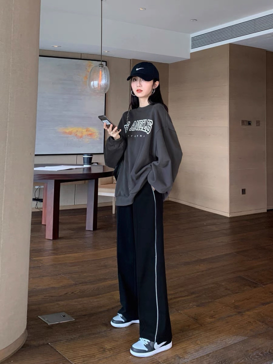 MULVAN秋冬黑色运动宽松直筒拖地阔腿裤