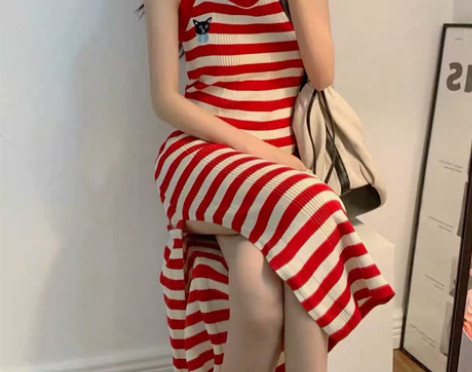 甜辣风吊带针织开叉长裙法式别致洋气chic...