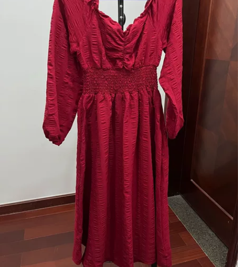 长袖法式连衣裙复古收腰少女赫本过膝红裙气质...