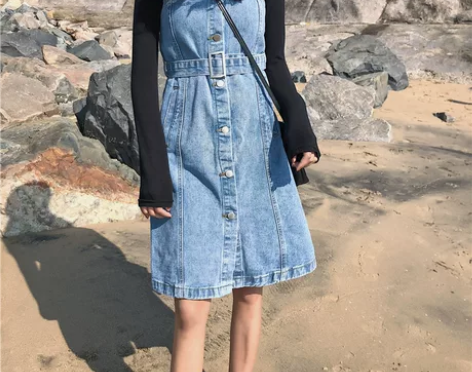 春装新款韩版学院风修身显瘦中长款牛仔背带裙...