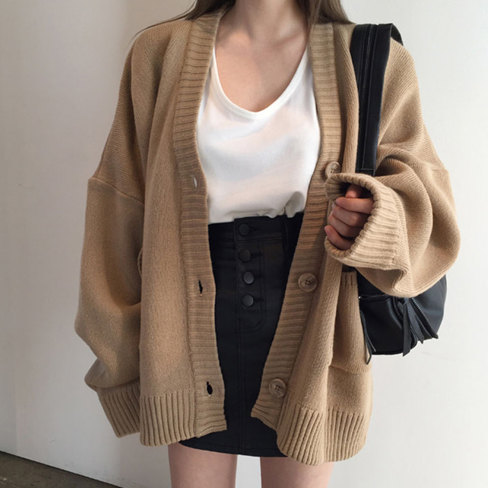 黑色V领针织开衫女毛衣外套宽松外穿慵懒风秋...