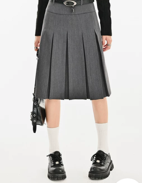 灰色半身裙女春秋新款高腰毛呢a字裙百褶裙高...