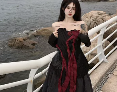 万圣节哥特式韩系风格复古港风穿搭黑色赫本风...