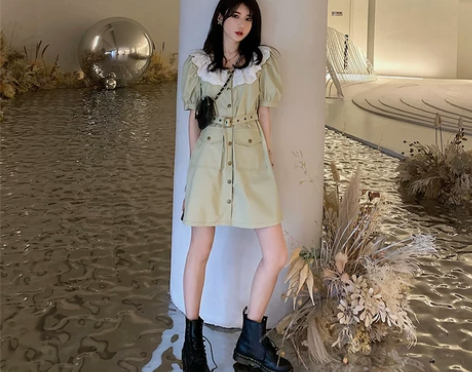 韩版复古减龄娃娃领连衣裙2021新款夏御姐...