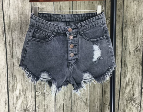 ?韩国烟灰色破洞排扣牛仔短裤女夏mm大码显...