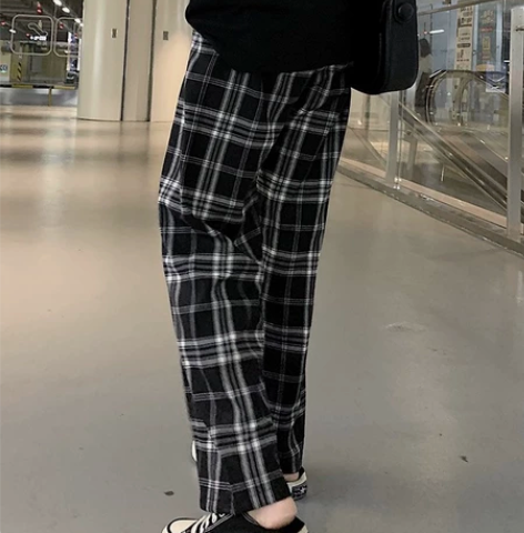 黑白格子裤子女春秋高腰宽松直筒垂感休闲裤显...