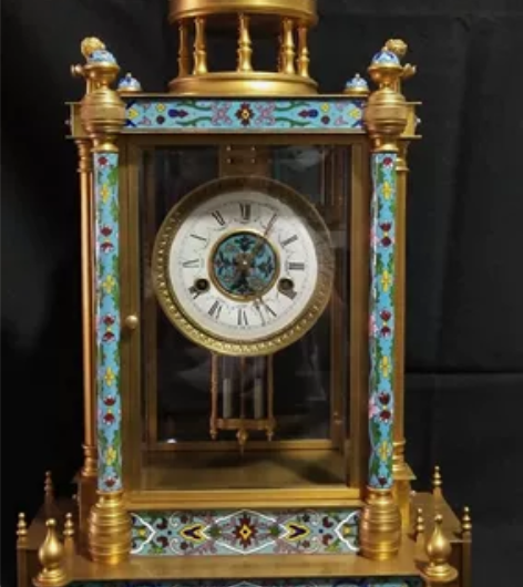 景泰蓝鎏金老座钟，掐丝珐琅工艺，掐丝做工细...