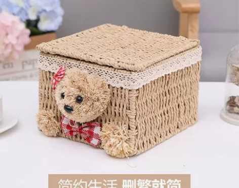 家用桌面收纳筐草编收纳盒布艺壁挂整理箱卡通...