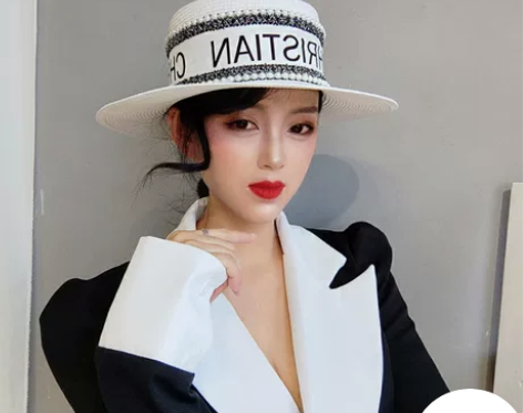 遮阳帽女时尚百搭防晒平顶草帽礼帽新款法式复...