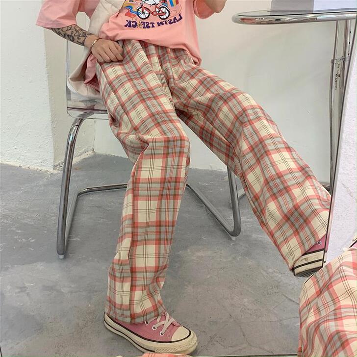 格子裤女夏季韩版ins复古长裤休闲裤宽松直...