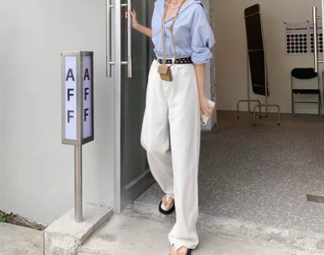 vqa2022夏秋白色高腰直筒牛仔裤女夏季...