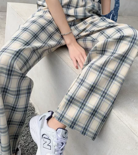 格子阔腿裤女夏季薄款高腰垂感小个子春秋宽松...