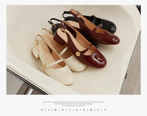 自然卷玛丽珍鞋真皮后空包头亮面金属扣婚鞋i...