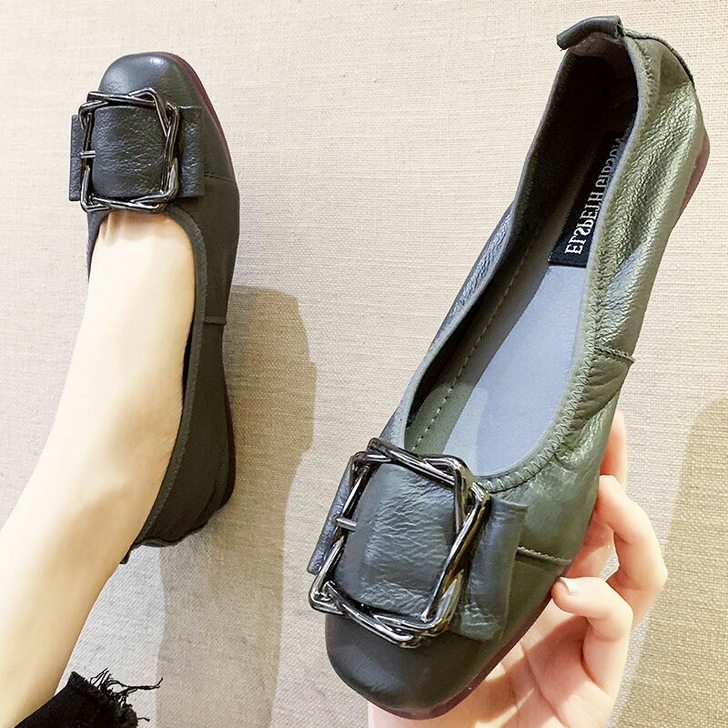 牛皮平底单鞋女豆豆鞋牛筋底舒适中年女鞋妈妈...