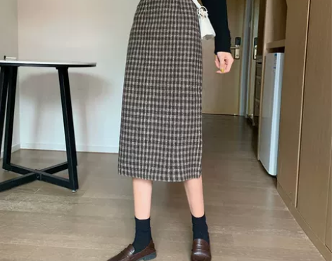 毛呢格子半身裙秋冬季女中长款2020新款高...