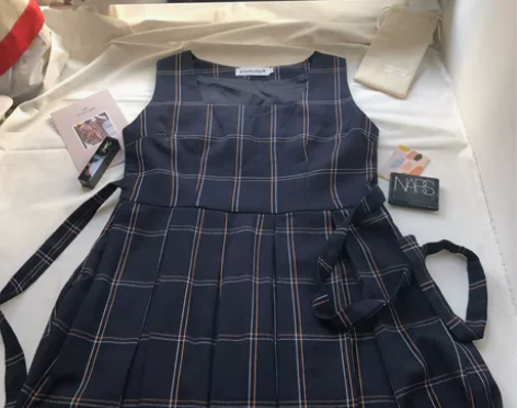 三扣三SanKouSan复古藏青格子制服背...