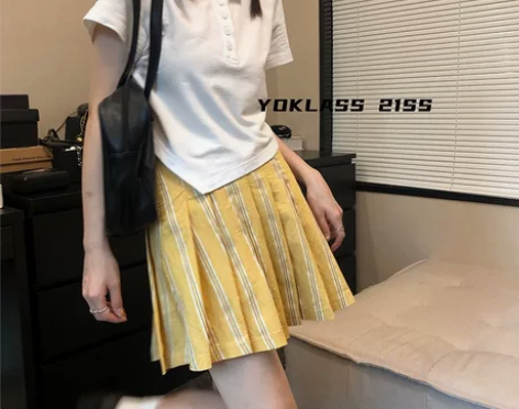 王少女的店 条纹百褶裙夏季粉色日系学院风高...