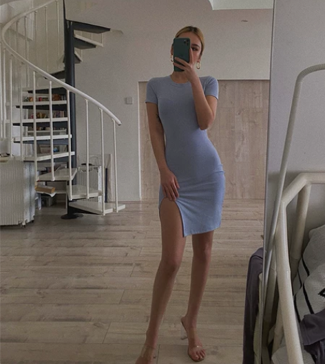 自制多色欧美性感收腰侧开叉包臀裙短袖连衣裙...