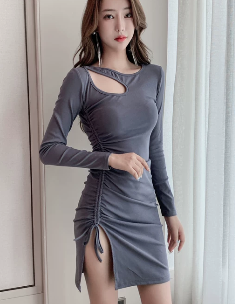 心机设计感开叉抽绳包臀性感连衣裙夜店女装夜...