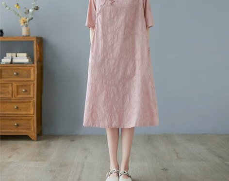 棉麻提花连衣裙女夏季禅意茶服文艺复古刺绣女...